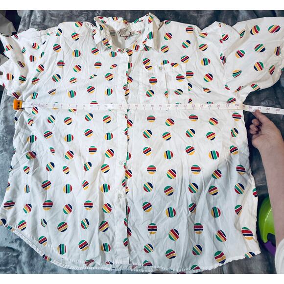 Vintage Faucetti Women Size 26/28 Short Sleeve Button Up Blouse White Colorful - Picture 7 of 8